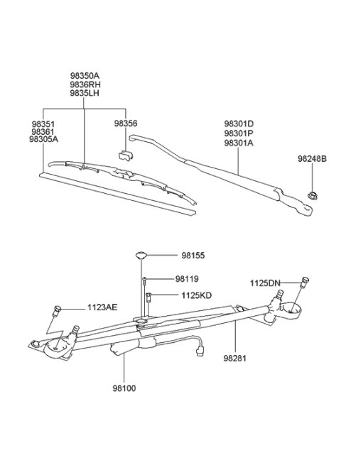 2023 Hyundai Elantra Passeger Wiper Blade Assembly Diagram for 98360-3D600