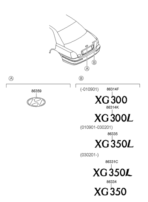 2001 Hyundai XG300 Xg 350L Emblem Diagram for 86331-39500