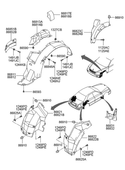 2000 Hyundai XG300 Rear Wheel Guard Assembly,Right Diagram for 86822-39500