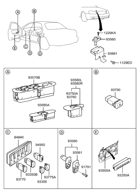 2023 Hyundai Elantra Power Window Main Switch Assembly Diagram for 93571-39040-LK