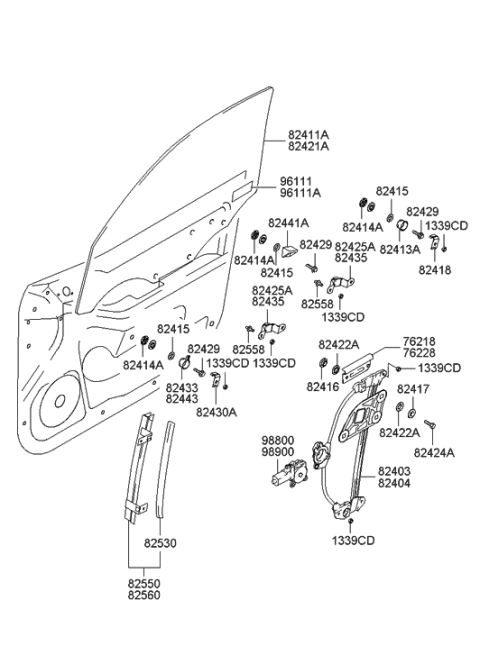 2003 Hyundai XG350 Front Door Window Regulator & Glass Diagram