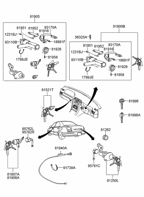 2004 Hyundai XG350 Key & Cylinder Set Diagram