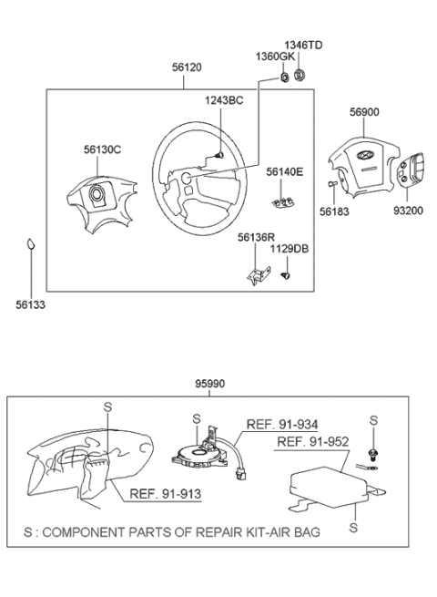 2001 Hyundai XG300 Steering Wheel Body Assembly Diagram for 56120-39950-ZL