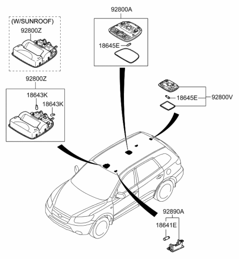 2020 Hyundai Santa Fe Overhead Console Lamp Assembly Diagram for 92800-2B100-J9