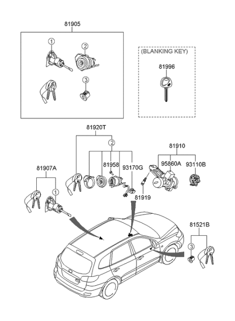 2006 Hyundai Santa Fe Key & Cylinder Set Diagram