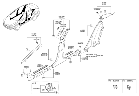 2001 Hyundai Tiburon Trim Assembly-Center Pillar Upper LH Diagram for 85830-F2100-TTX