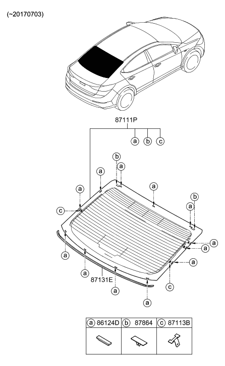 2017 Hyundai Elantra Korean made Rear Window Glass & Moulding Diagram 1