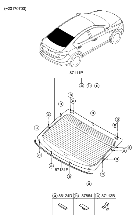 2017 Hyundai Elantra Rear Window Glass & Moulding Diagram 1