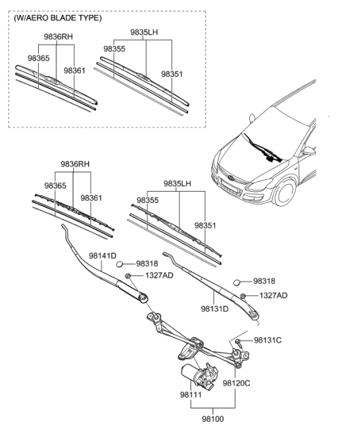 2009 Hyundai Elantra Touring Windshield Wiper-Front & Washer Diagram 1