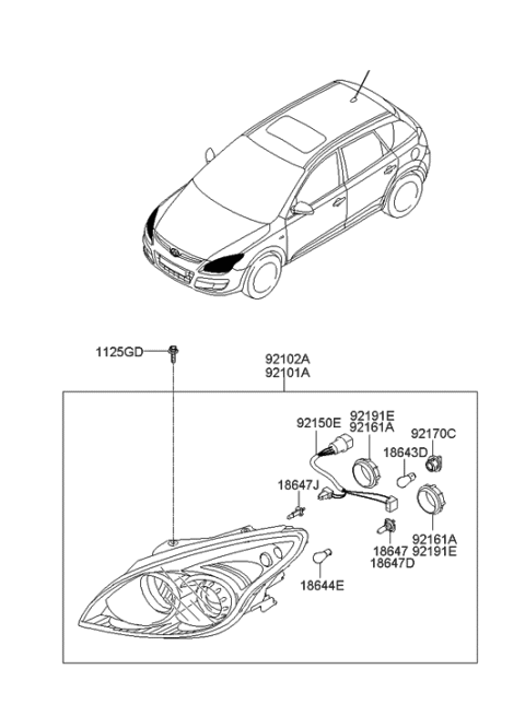 2009 Hyundai Elantra Touring Driver Side Headlight Assembly Composite Diagram for 92101-2L150