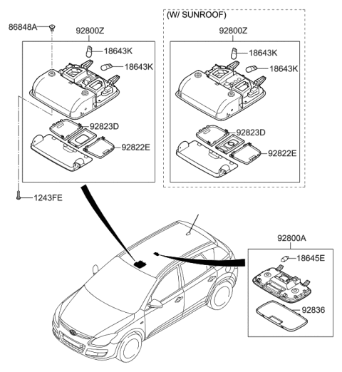 2011 Hyundai Tucson Overhead Console Lamp Assembly Diagram for 92800-2L000-4W
