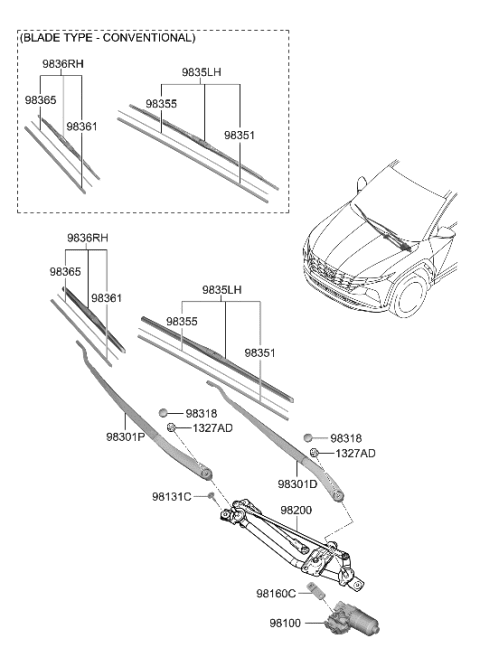 2022 Hyundai Tucson Wiper Blade Rubber Assembly(Passenger) Diagram for 98361-B1000