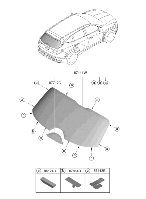 2022 Hyundai Tucson Hybrid Rear Window Glass & Moulding Diagram