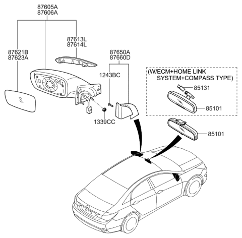 2015 Hyundai Sonata Hybrid Mirror-Outside Rear View Diagram