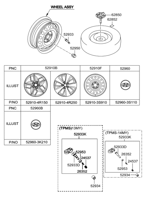 2011 Hyundai Sonata Hybrid Wheel Cap Assembly Diagram for 52910-3S910