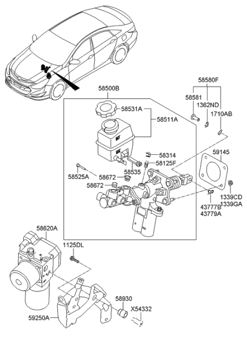 2014 Hyundai Sonata Hybrid Brake Master Cylinder & Booster Diagram