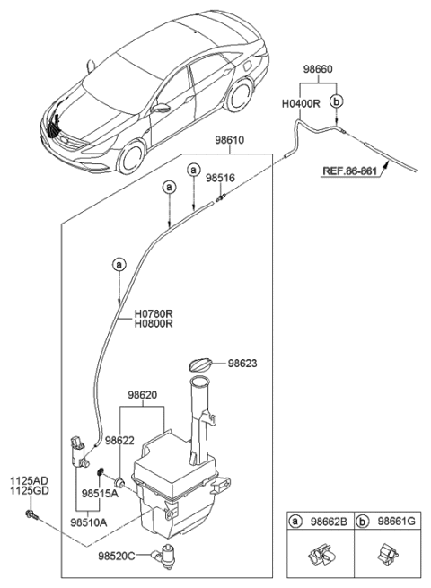 2011 Hyundai Sonata Hybrid Reservoir & Pump Assembly-Washer Diagram for 98610-3V000