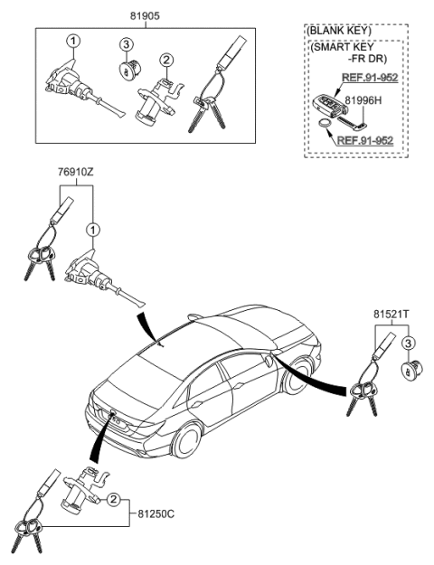 2013 Hyundai Sonata Hybrid Key & Cylinder Set Diagram