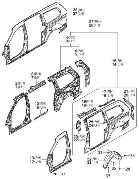 2006 Hyundai Entourage Body Side Panel & Rear Wheel Guard Diagram