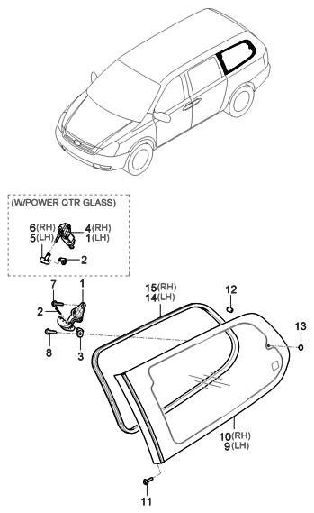 2006 Hyundai Entourage Produced Before OCT.29.2006 Quarter Fixed Glass & Moulding Diagram