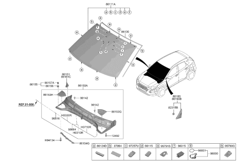 2020 Hyundai Kona Windshield Glass Assembly Diagram for 86111-J9121