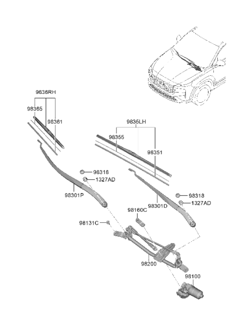 2023 Hyundai Santa Fe Hybrid Windshield Wiper Arm Assembly(Passenger) Diagram for 98321-S1000