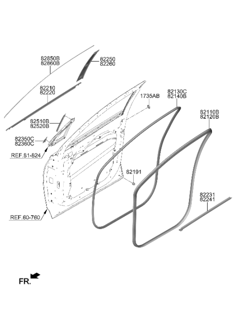 2023 Hyundai Santa Fe Hybrid US Alabama made Front Door Moulding Diagram