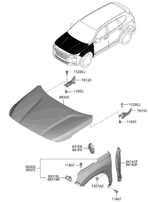 2023 Hyundai Santa Fe Hybrid US Alabama made Fender & Hood Panel Diagram
