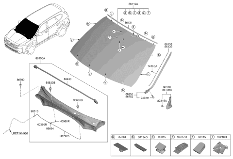 2023 Hyundai Santa Fe Hybrid US Alabama made Windshield Glass Diagram