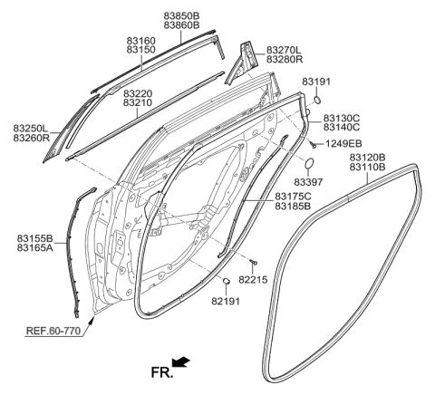 2017 Hyundai Genesis G80 Weatherstrip Assembly-Rear Door Belt Outside LH Diagram for 83210-B1600