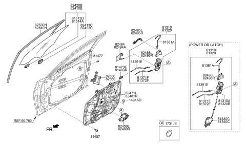 2019 Hyundai Genesis G80 Front Door Window Regulator & Glass Diagram