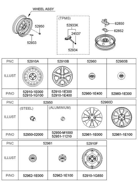 2007 Hyundai Accent Center Cap Diagram for 52962-1E100