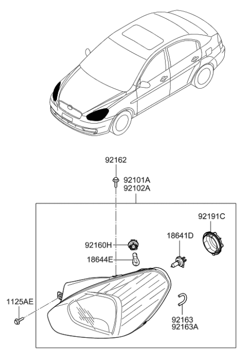 2009 Hyundai Accent Passenger Side Headlight Assembly Composite Diagram for 92102-1E011