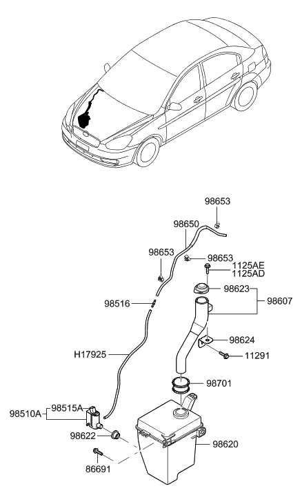 2007 Hyundai Accent Hose Assembly-Windshield Washer Diagram for 98650-1E000