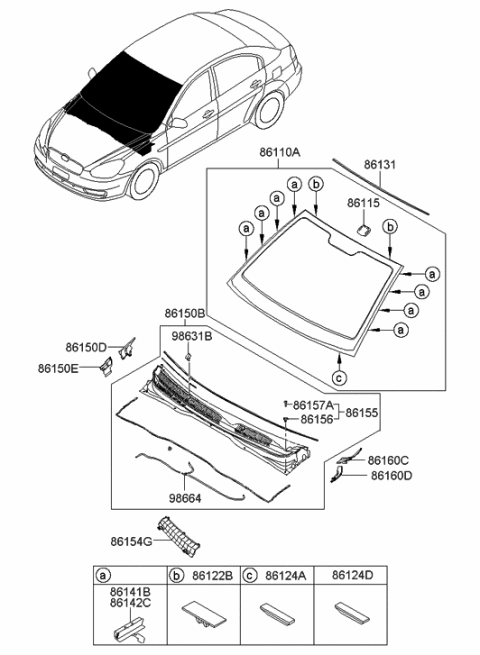 2006 Hyundai Accent New Body Style (Produced After SEP.04.2006) Windshield Glass Diagram