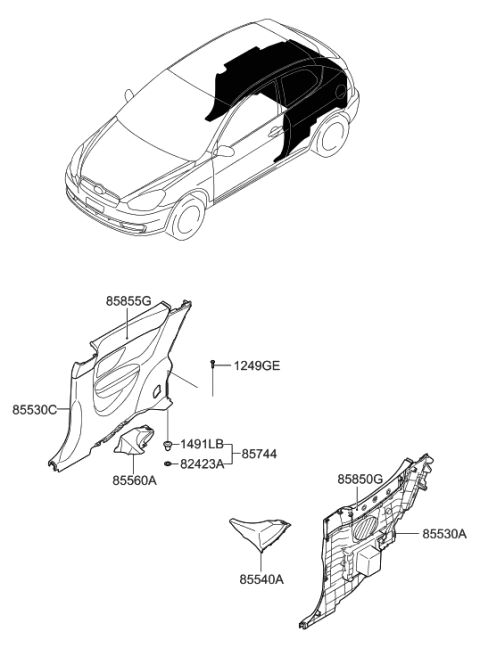 2007 Hyundai Accent Trim Assembly-Quarter Upper LH Diagram for 85550-1E500-WK