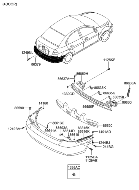 2006 Hyundai Accent Bracket Assembly-Rear Bumper Upper,RH Diagram for 86638-1E060