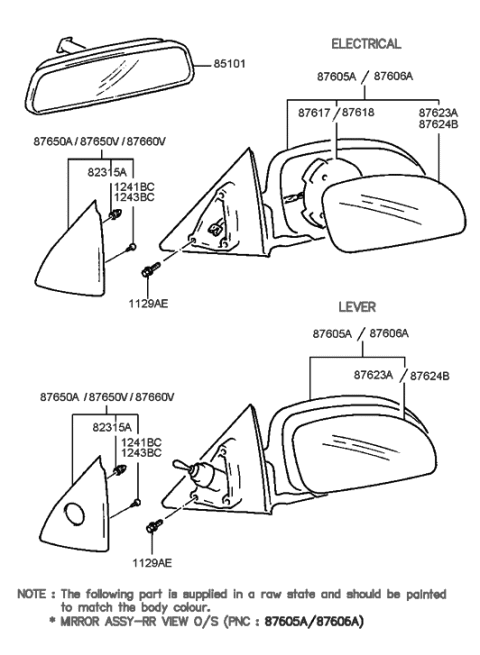 1996 Hyundai Elantra Mirror-Outside Rear View Diagram