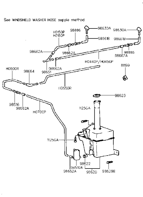 1998 Hyundai Elantra Windshield Washer Reservoir Assembly Diagram for 98620-29000