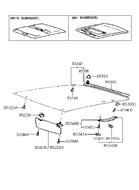 1999 Hyundai Elantra Sunvisor & Head Lining Diagram