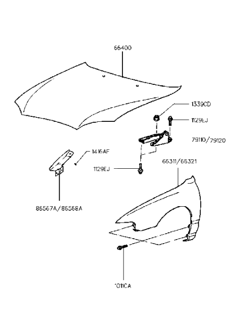 2000 Hyundai Elantra Fender & Hood Panel Diagram