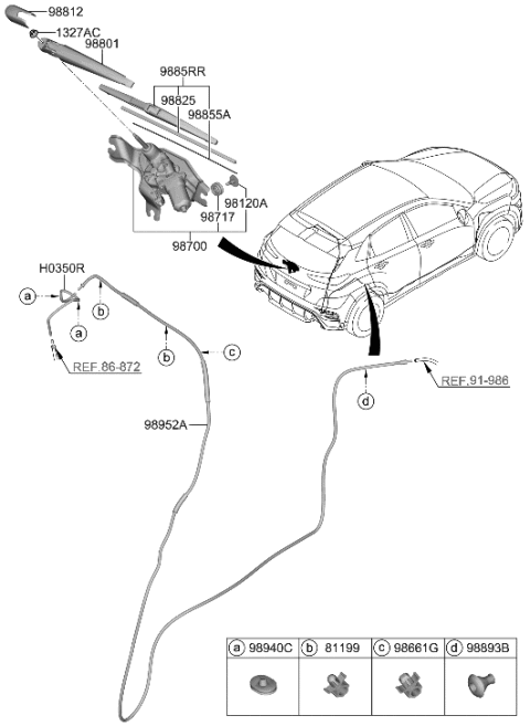 1995 Hyundai Elantra Rear Wiper Motor & Linkage Assembly Diagram for 98700-J9000