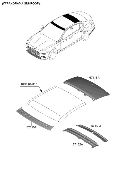 2022 Hyundai Genesis G70 Panel-Wide SUNROOF Rear Diagram for 67116-G9030
