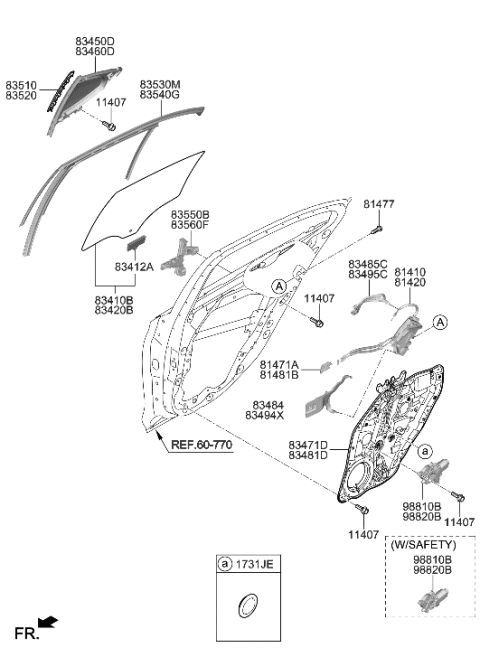 2023 Hyundai Genesis G70 Rear Door Window Regulator & Glass Diagram