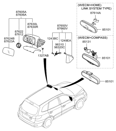 2011 Hyundai Santa Fe Mirror-Outside Rear View Diagram