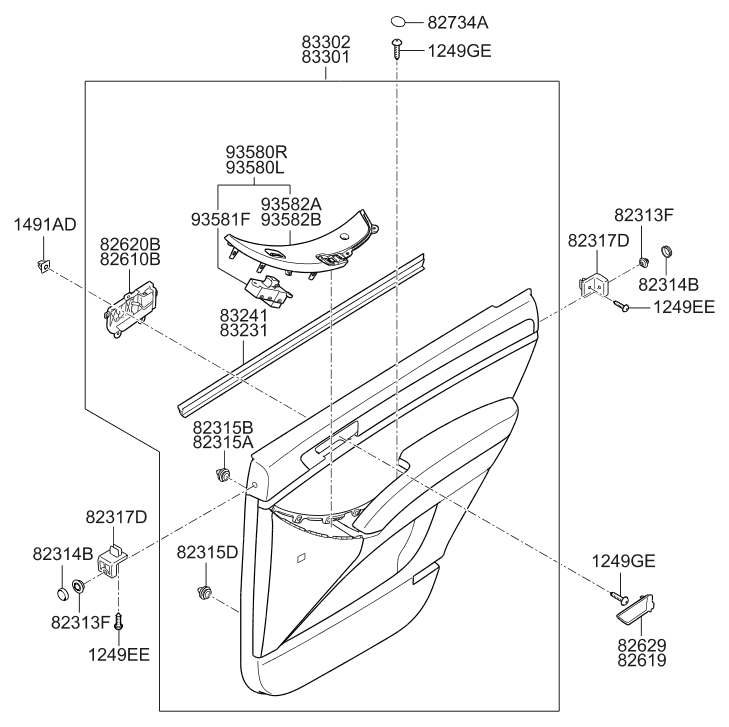 Hyundai 83301-3J051-RS Rear Door Trim Panel Complete Left Hand 83301-3J051-RS Hyundai Rear Door Trim Panel Complete Left Hand