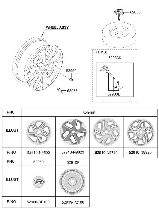 Hyundai 52910-N9500 Aluminium Wheel Assembly 52910-N9500 Hyundai Aluminium Wheel Assembly