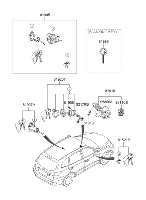 2006 Hyundai Santa Fe Steering & Ignition Lock Cylinder Assembly Diagram for 81920-2BA10