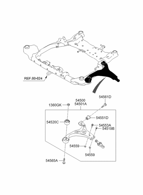 2007 Hyundai Elantra Front Lower Arm Complete Right Hand Diagram for 54501-2H000