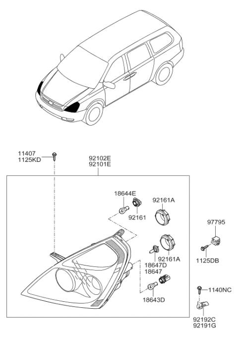 2008 Hyundai Entourage Left Headlamp Assembly Diagram for 92101-4J011